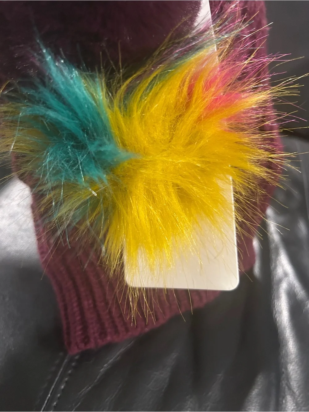Maroon Knit Pom Beanie with Colorful Faux Fur Accent you pick Pom wear 3 ways
